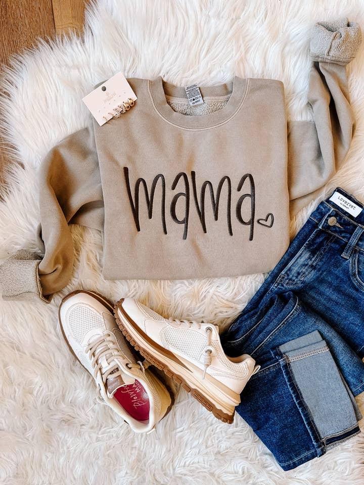 MAMA Heart Embroidered Sweatshirt - Cement for wholesale by Emerlie Love