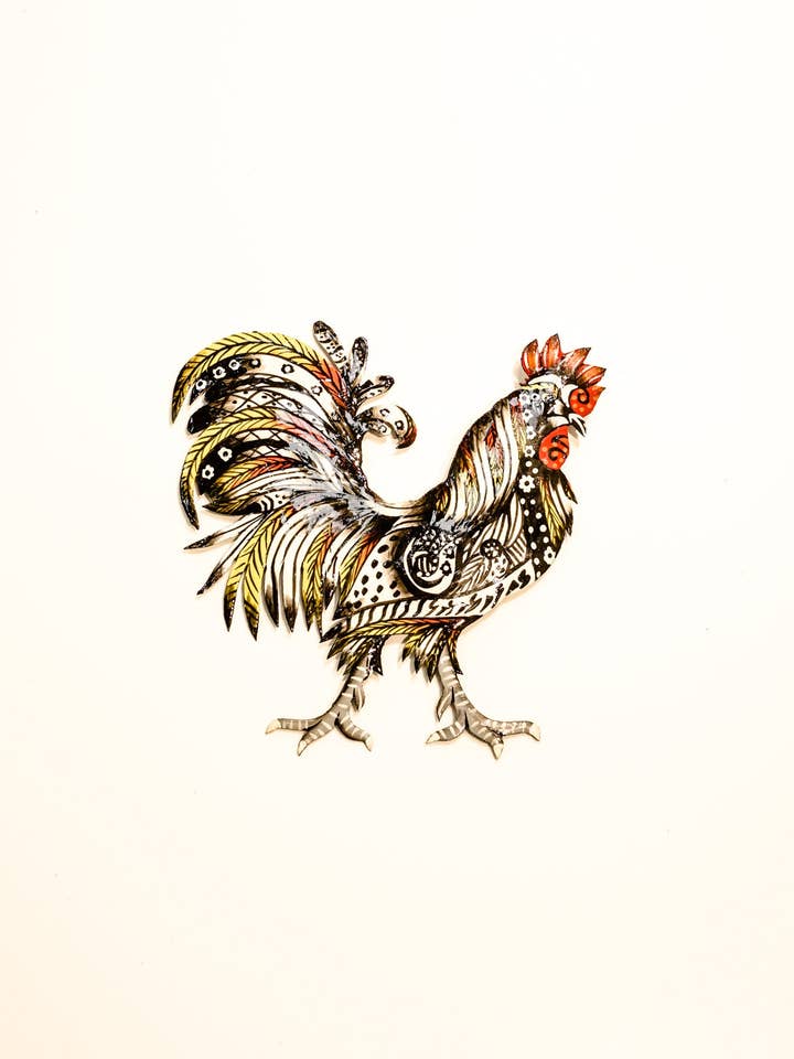 Arte decorativo de pared de metal haitiano Vivid Rooster para venta al por mayor de Beyond Borders