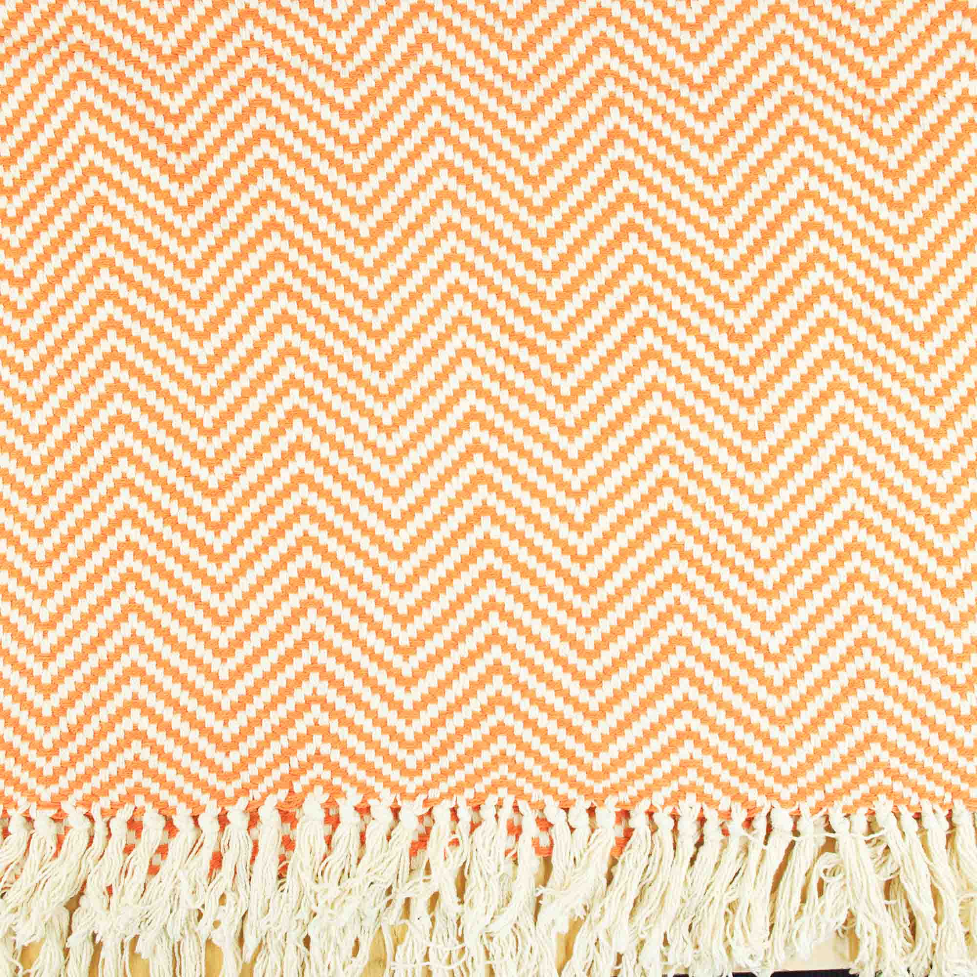 Kantha Decor – wholesale Throw blanket – Cotton Herringbone Throw With Fring - Orange White Zig Zag