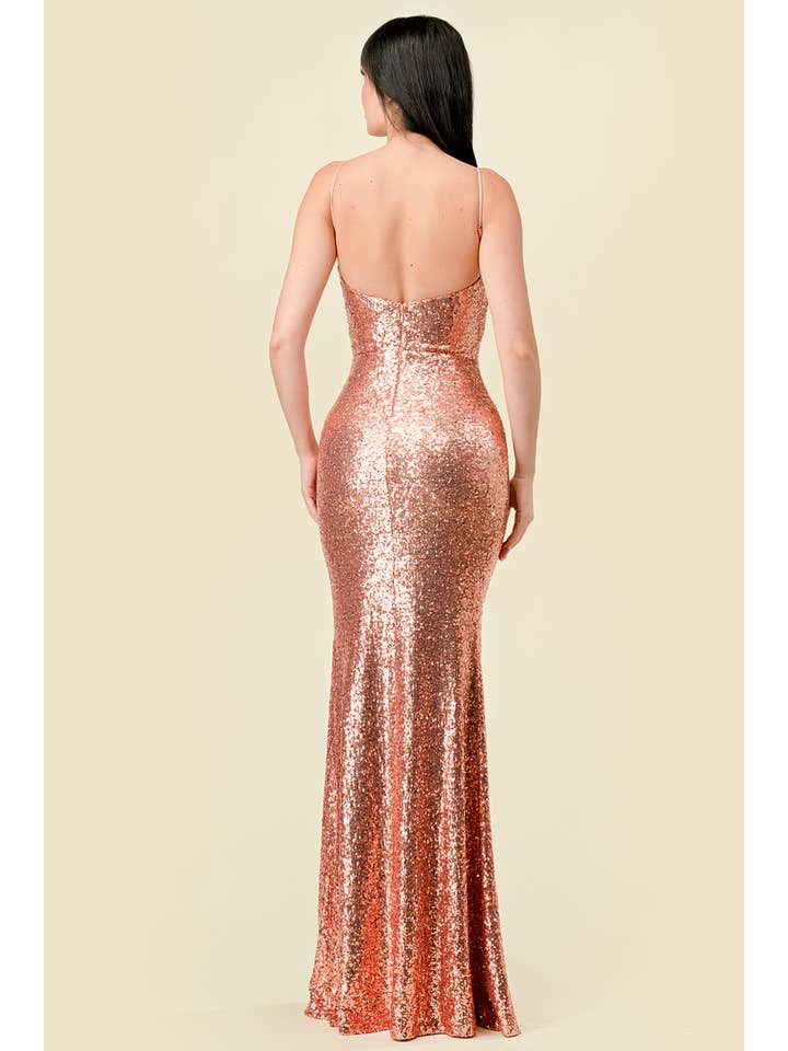 Lovesome - Venta al por mayor Vestido de fiesta - Mujer - CD30175: VESTIDO LARGO PLISADO DE LENTEJUELAS CON CUELLO VUELTO Y ESPALDA ABIERTA3