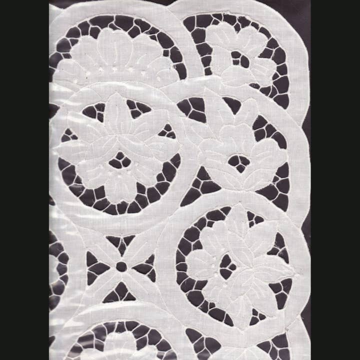 Lotus Cutwork 100% Linen Runner & Doilies — White on White for wholesale by Eastern Sunrise Lace And Linens Inc.