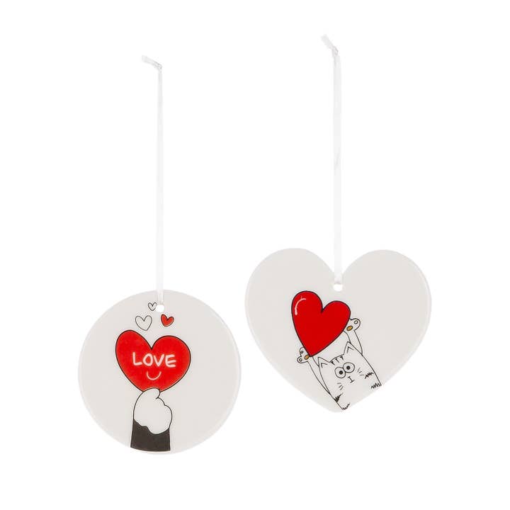 Heart pendant; round Cat Love H.7 cm - 2-way assorted for wholesale by Gilde Handwerk Macrander GmbH & Co. KG