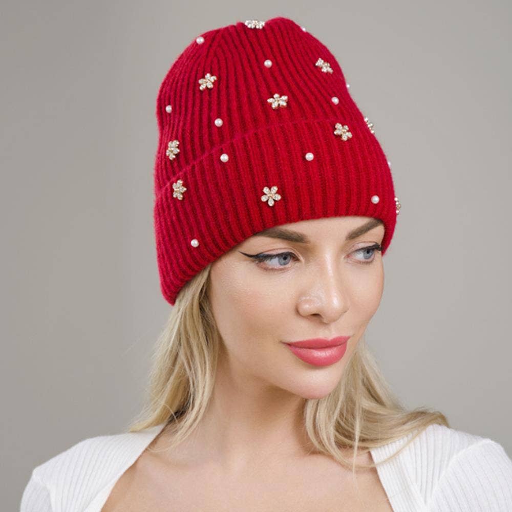 anbfashion - Venta al por mayor Gorro de lana - Mujer - Gorro de Punto con Apliques de Perlas y Flores H-35092