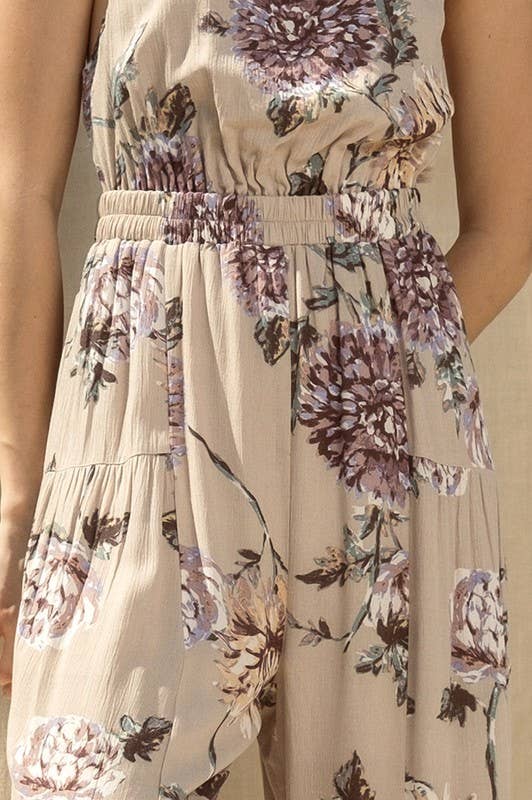 Taupe Floral Print Wide Leg Jumpsuit for wholesale on Faire7