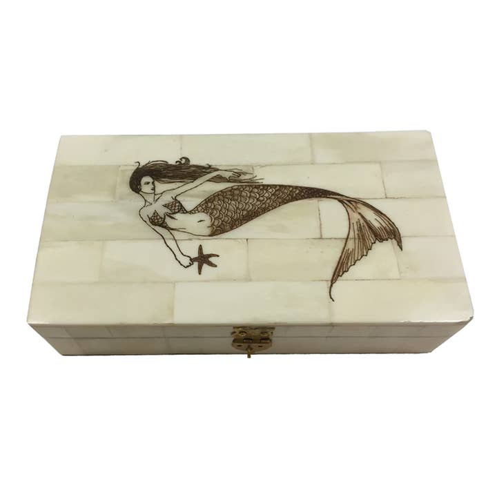 Mermaid & Sea Stars Scrimshaw Bone Box, 6-1/4” for wholesale by Madison Bay Co. - Historical Home Decor Reproductions