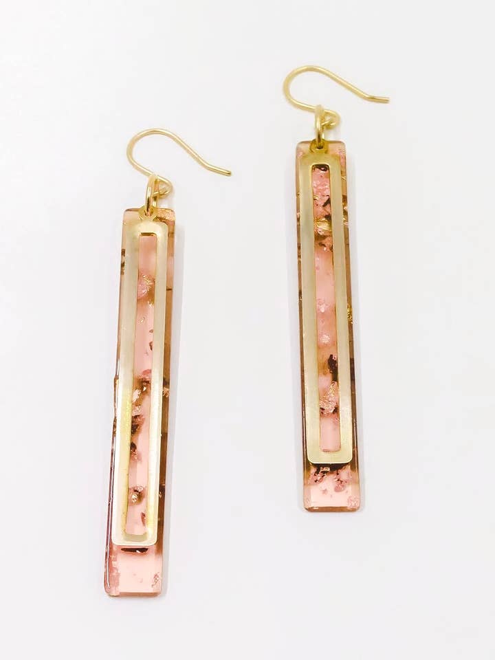 Gold Leaf + Blush Pink Bar Earrings for wholesale by Moxie Collective (formerly Atonement Design)