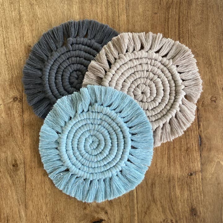 Bergin & Bath - Wholesale DIY Craft Kit - Macrame Kit Coasters - Mist Blue, Pearl and Charcoal1