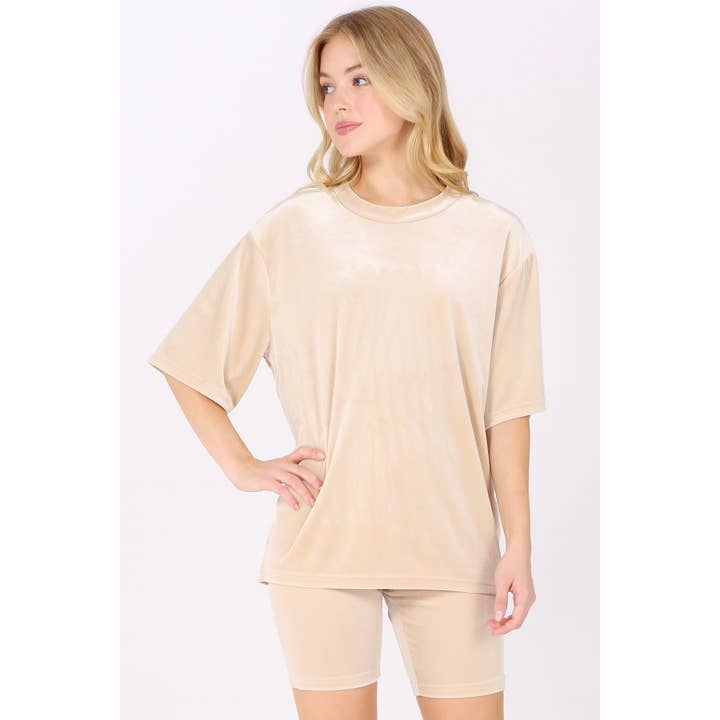 Timeless - Wholesale Lounge Set - Women's - Velour Oversized T-Shirt and Biker Shorts Set