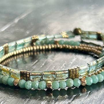 Lady Bird Market - Wholesale Jewelry Set - Tila Set Hazy Greens & Gold Stretchy Tila Bead Bracelet1