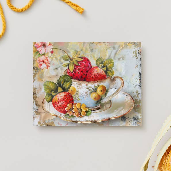 Strawberry Tea Cup Notecard Set - Pack of 8 for wholesale by The Paper Den