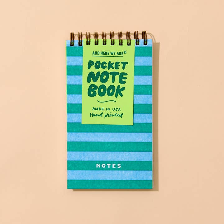 Modern Letterpress Pocket Size Spiral Notebook – Blue/Green Stripe for wholesale by And Here We Are