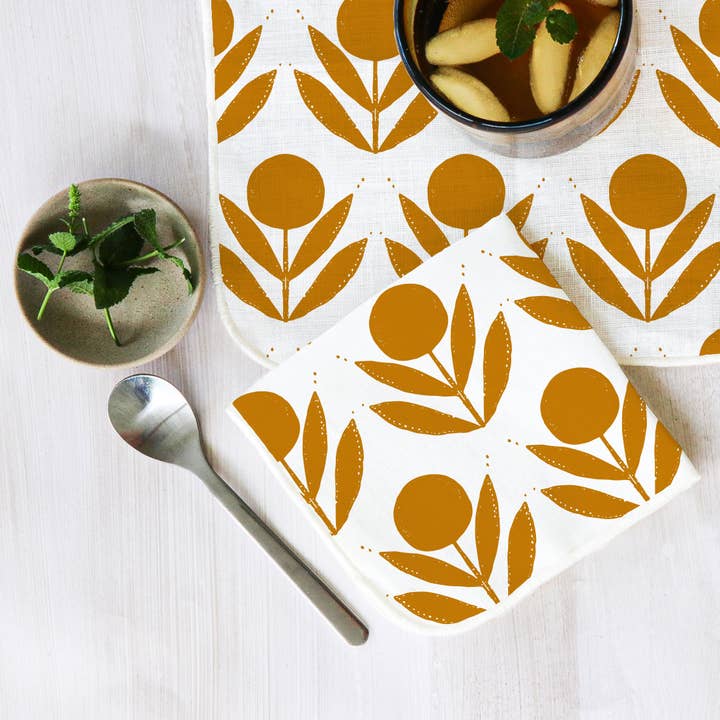 Scandinavian Floral Cocktail Napkin Set of 4 Linen for wholesale by Muse Textiles