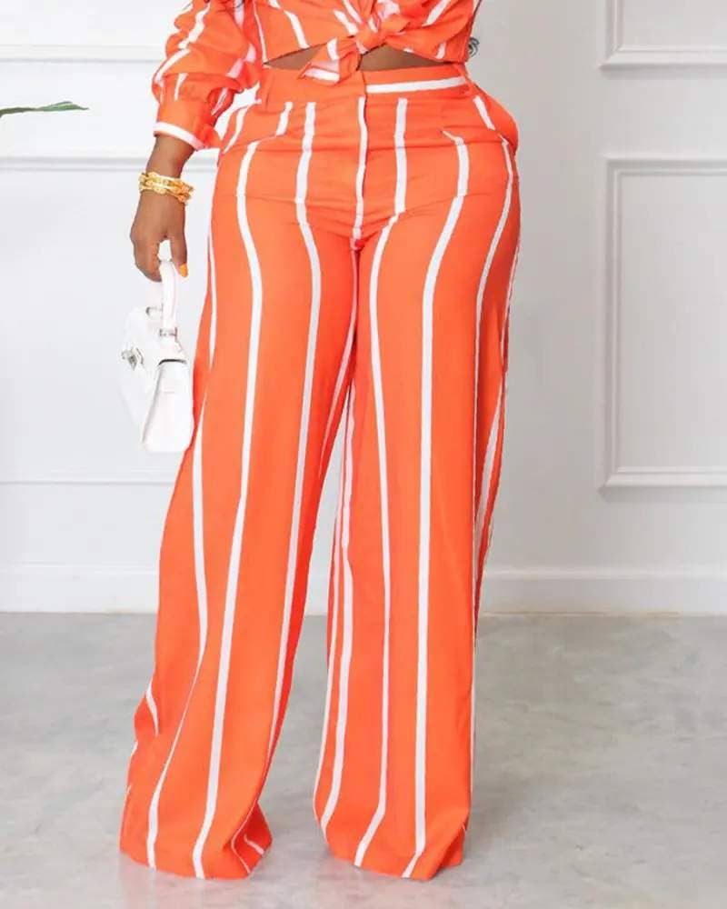 Fashion Combination - Wholesale Top & Skirt Set - Women's - striped long sleeve button down shirt pants set7