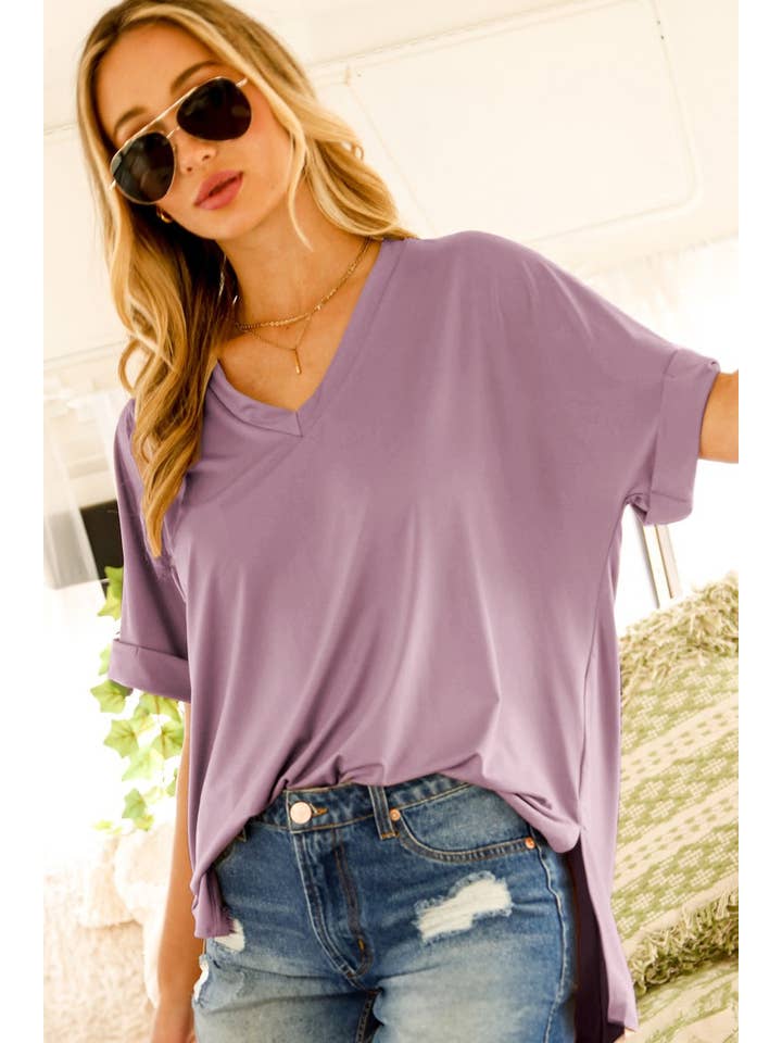 Vine & Love - Wholesale Knit Top - Women's - V-Neck Short Roll-Up Sleeve Casual Knit Top VT60441A
