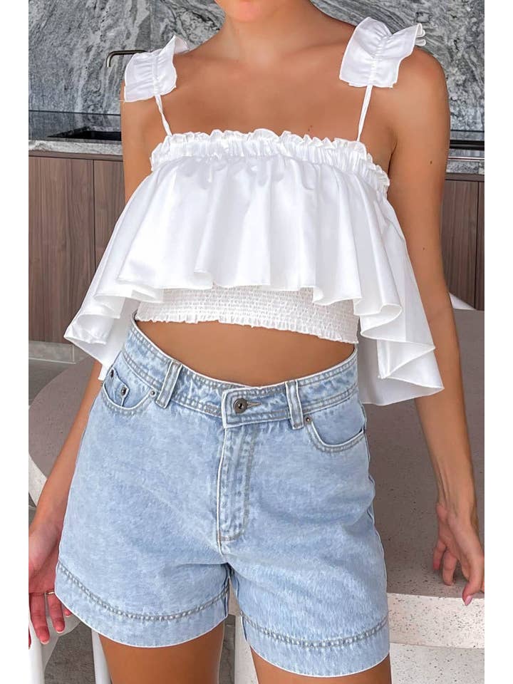 T2023ES0016- White Sleeveless Ruffle Trim Cropped Top for wholesale on Faire