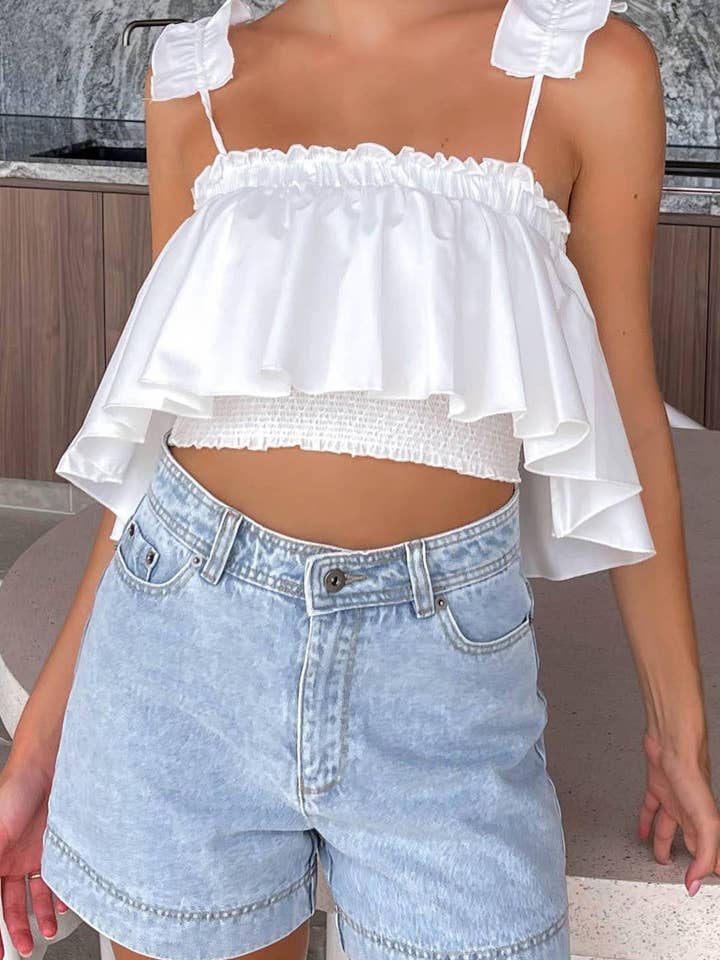 T2023ES0016- White Sleeveless Ruffle Trim Cropped Top for wholesale by MOREGLAM