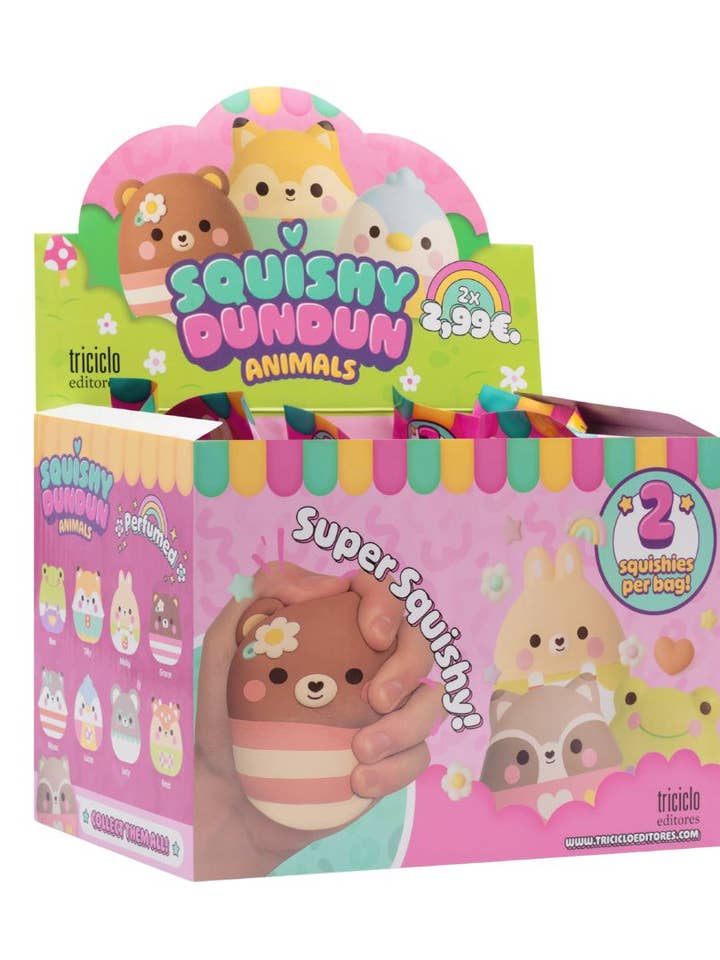 Présentoir de 16 Squishies Dundun Animals pour la vente par Triciclo Editores