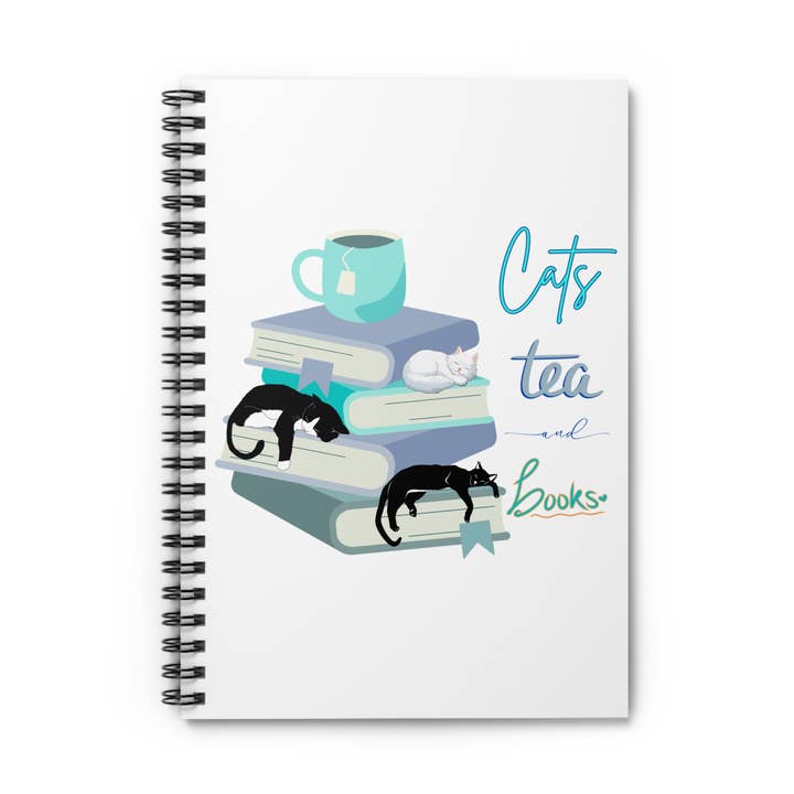 Cats, Tea, and Books Spiral Notebook - Ruled Line for wholesale by Halli Starling Books