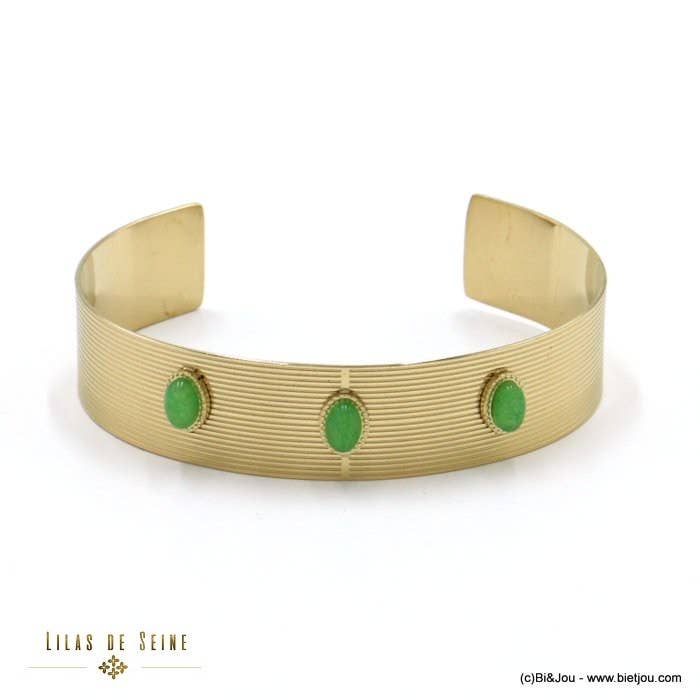 Lilas de Seine - Wholesale Cuff Bracelet - Striped steel bangle bracelet with 3 oval cabochon stone 02221002