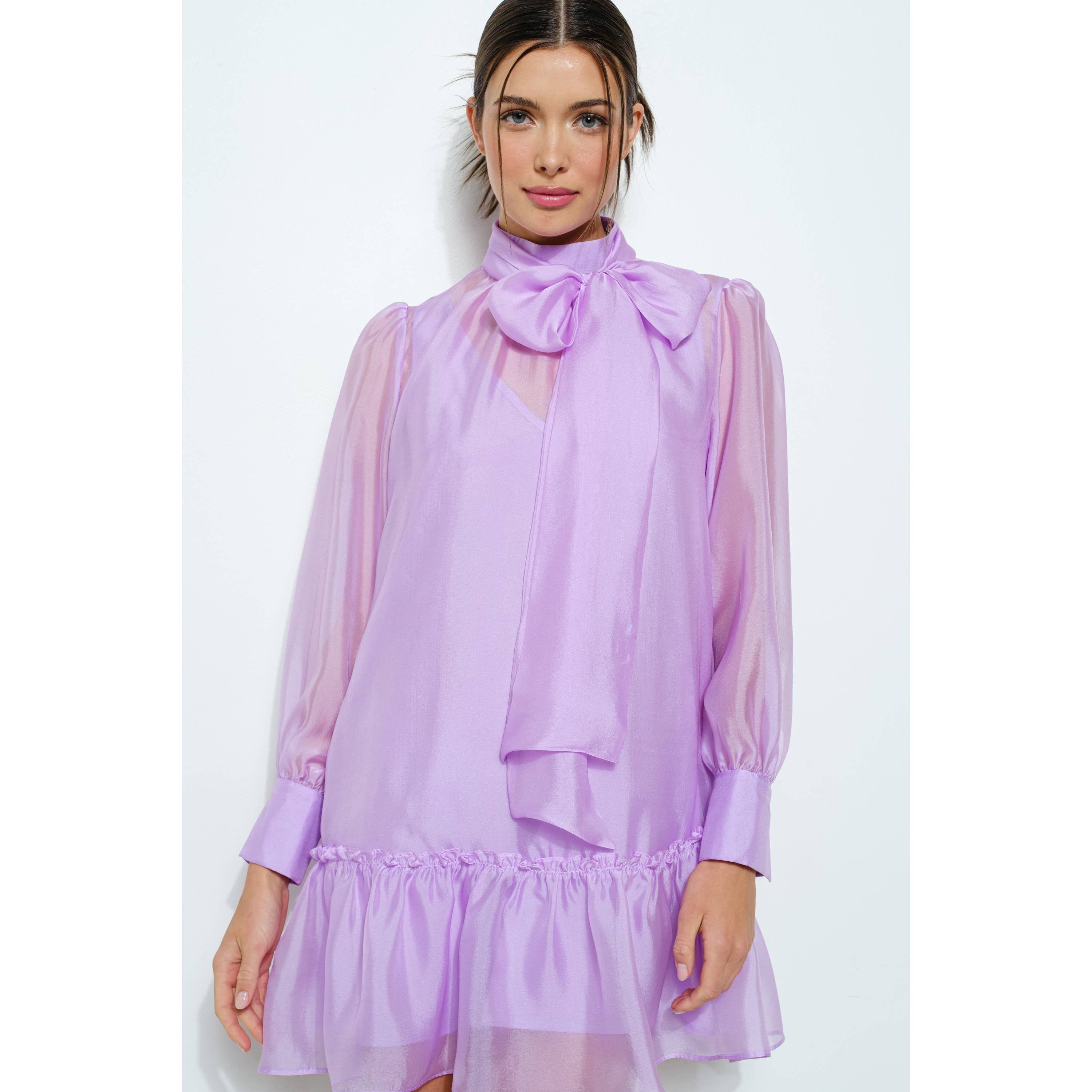 INA – Vestido - Mulher por atacado – Vestido Mini de Chiffon Pastel com Laço Transparente15