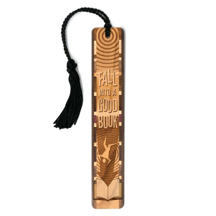 Fall Into A Good Book Handmade Engraved Wooden Bookmark for wholesale by Mitercraft