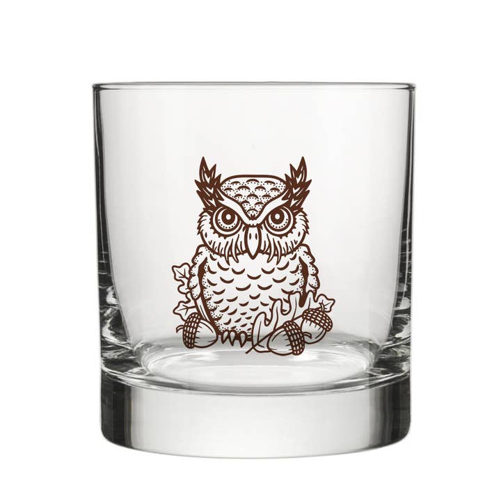 Two Little Fruits - Wholesale Cocktail/Liquor Glass - Owl Whiskey Glass – Hand-Printed Rocks Glass2