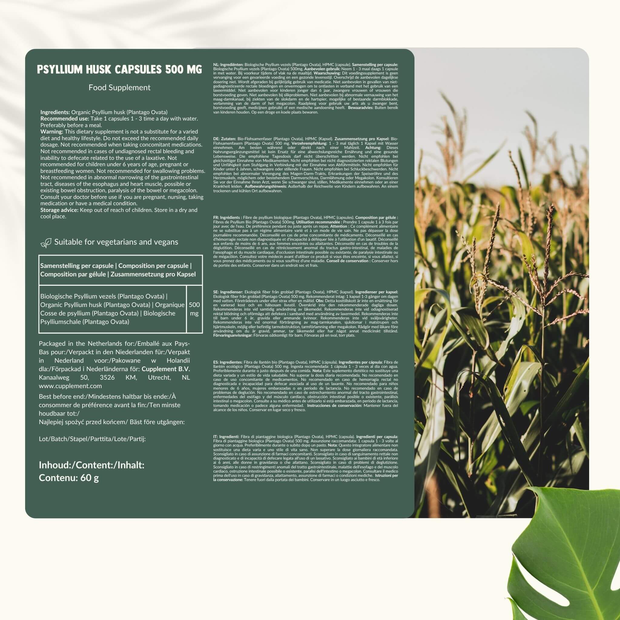 Cupplement b.v. - Wholesale Oral Supplement/Vitamin - Psyllium Husk Fiber Capsules 500 mg BIO  60 Capsules7
