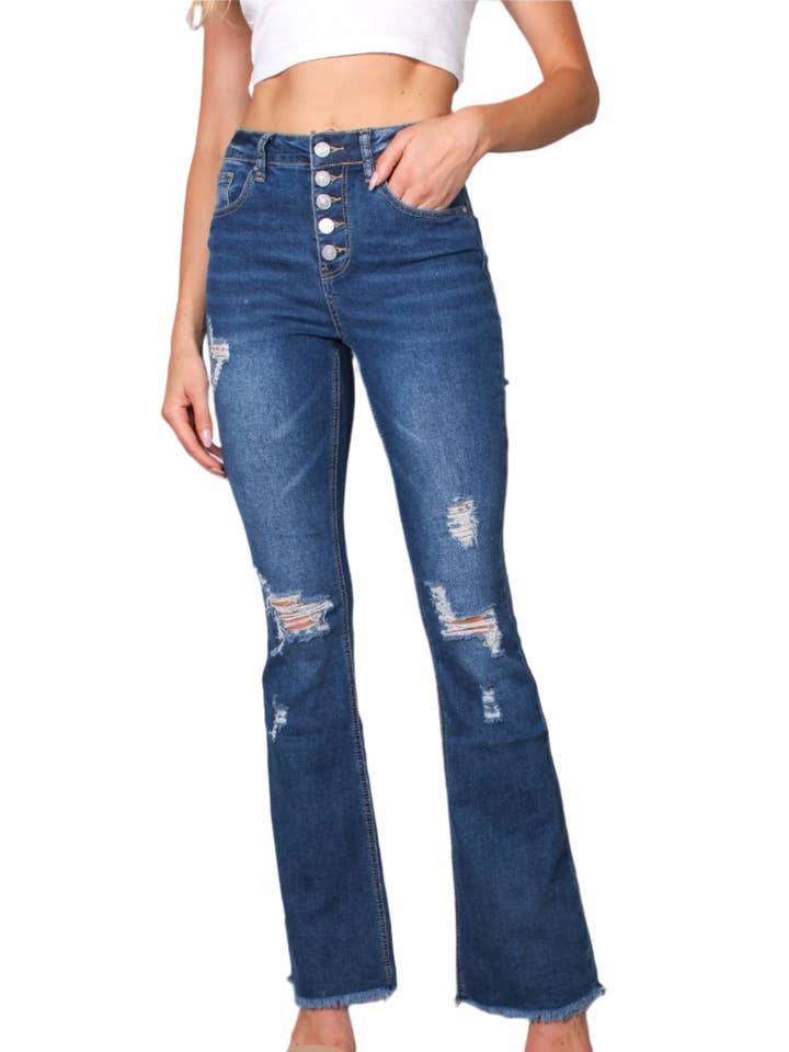 Good Stuff Apparel - Wholesale Jeans - Women's - Women's High Waist Five Buttons Tattered Flare Jeans