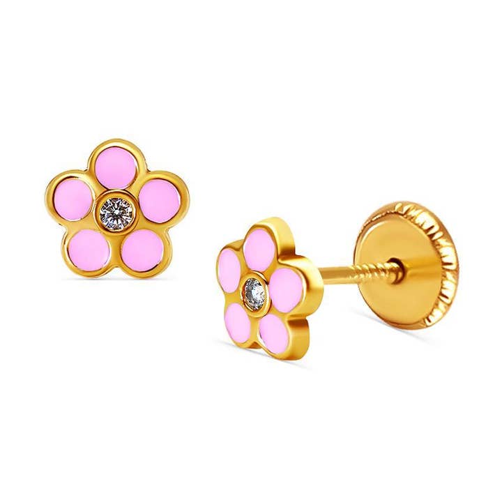 Boucles d'oreilles à tige en or 14 carats BecKids rose scintillant pour la vente par Barrocos