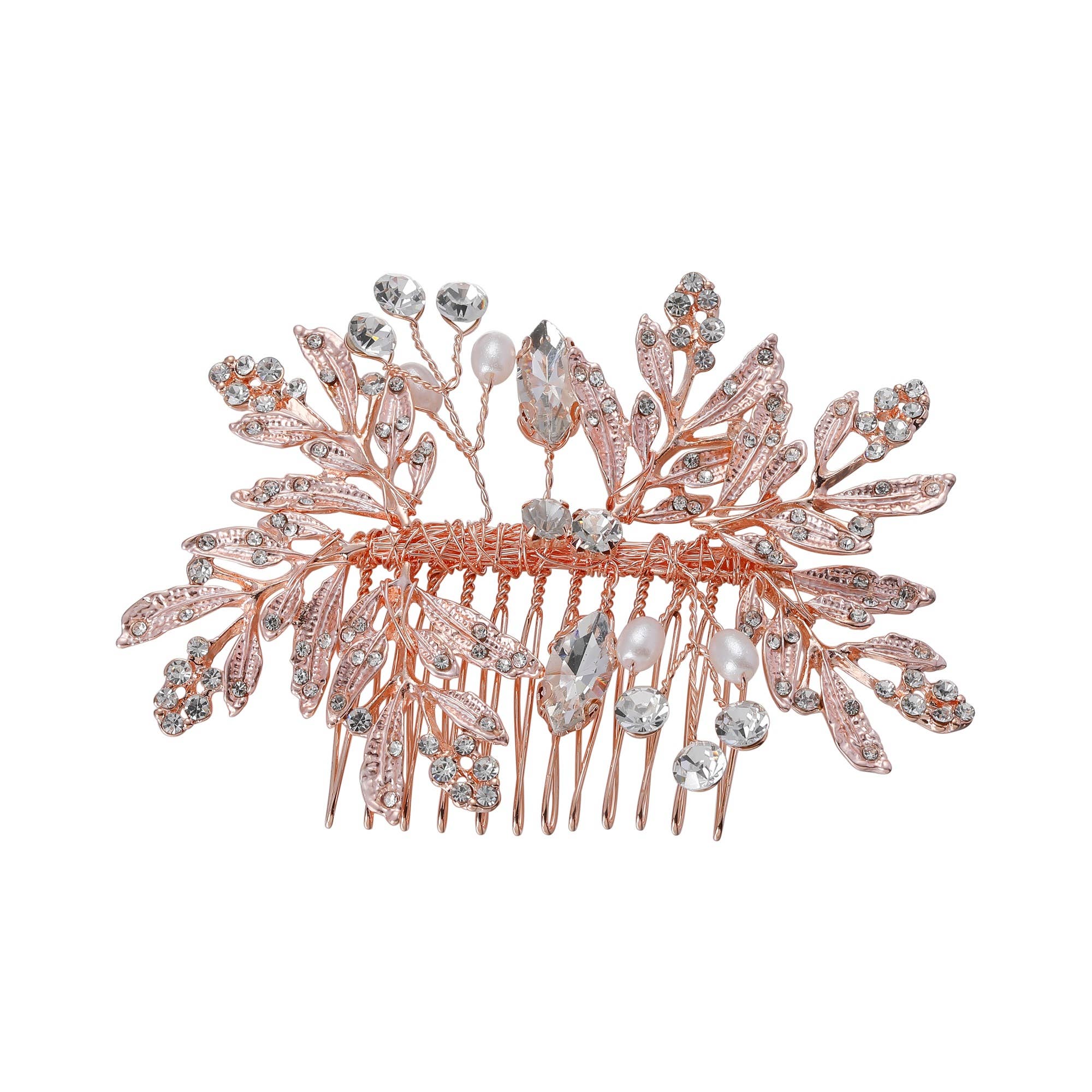 Cool Crystals - Wholesale Hair Pin - (69675-600) Rose Gold Crystal Leaf Hair Comb