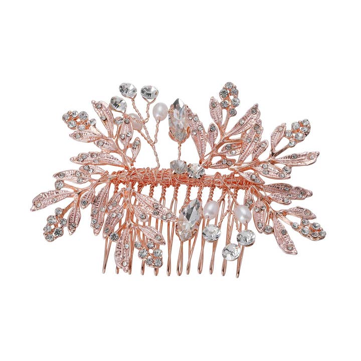 Cool Crystals - Wholesale Hair Pin - (69675-600) Rose Gold Crystal Leaf Hair Comb0