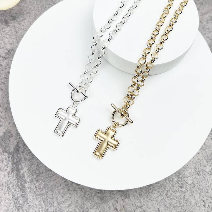 16 INCHES CROSS SHAPED PUFF METAL PENDANT NECKLACE for wholesale by JHP Collection