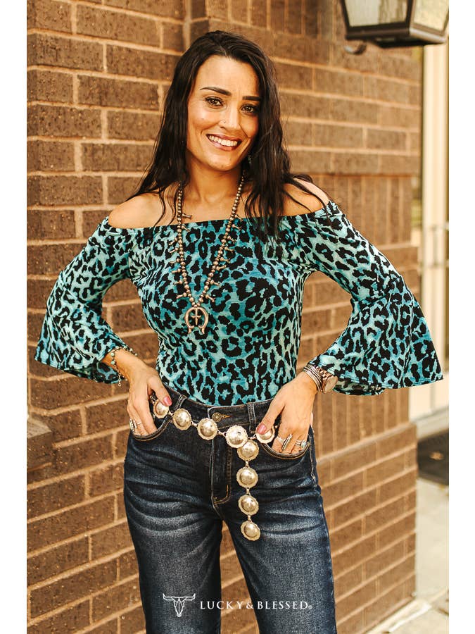 LUCKY & BLESSED - Wholesale Bodysuit - Women's - Blue Leopard Off The Shoulder Bell Sleeve Bodysuit