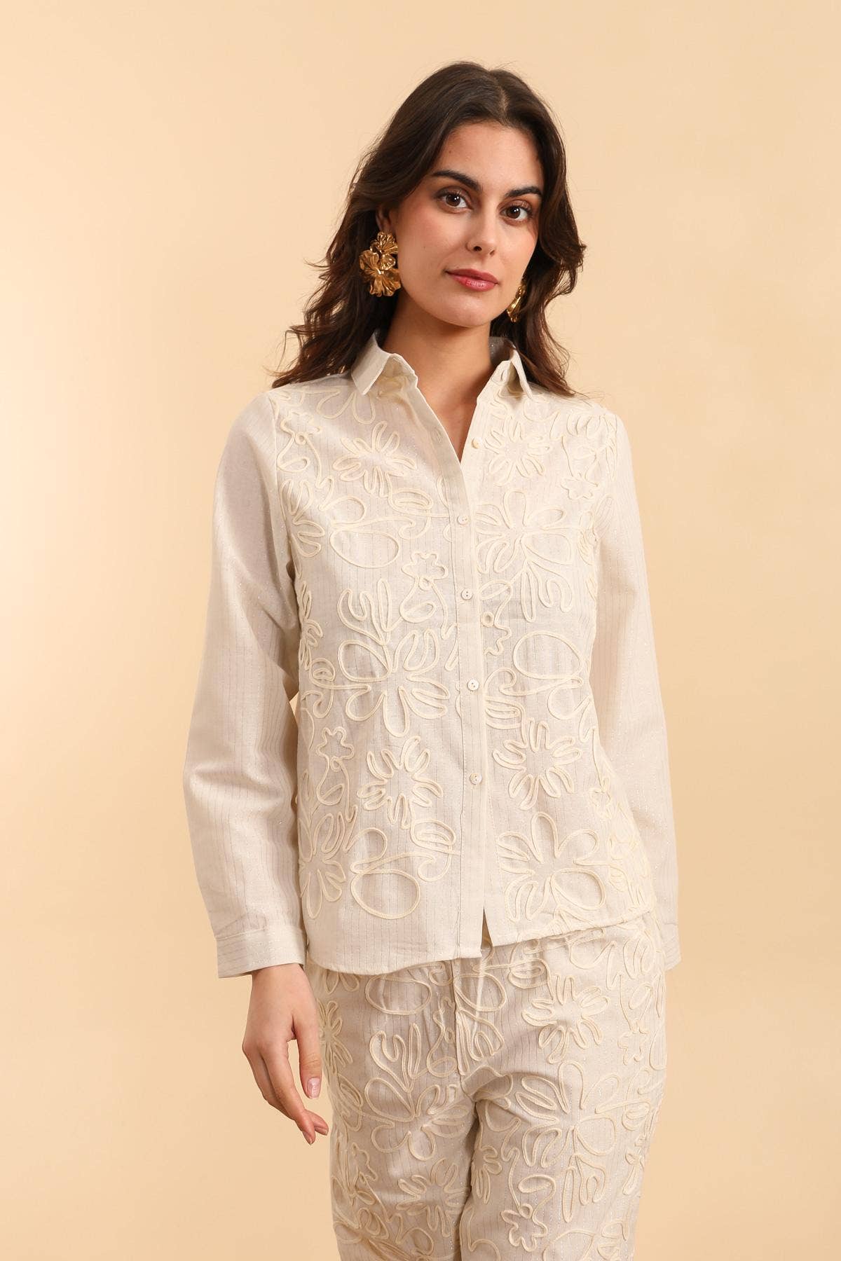 MOOYA - Vendita all'ingrosso Camicia button down - Donna - Camicia a righe maniche lunghe ricami in lino SJ0030