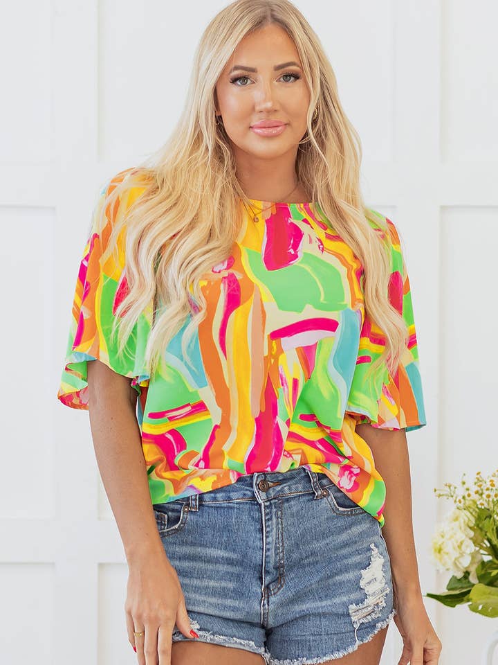 Blusa Astratta a Mezza Manica con Angeli per la vendita all'ingrosso da parte di Poppy Lee Lane