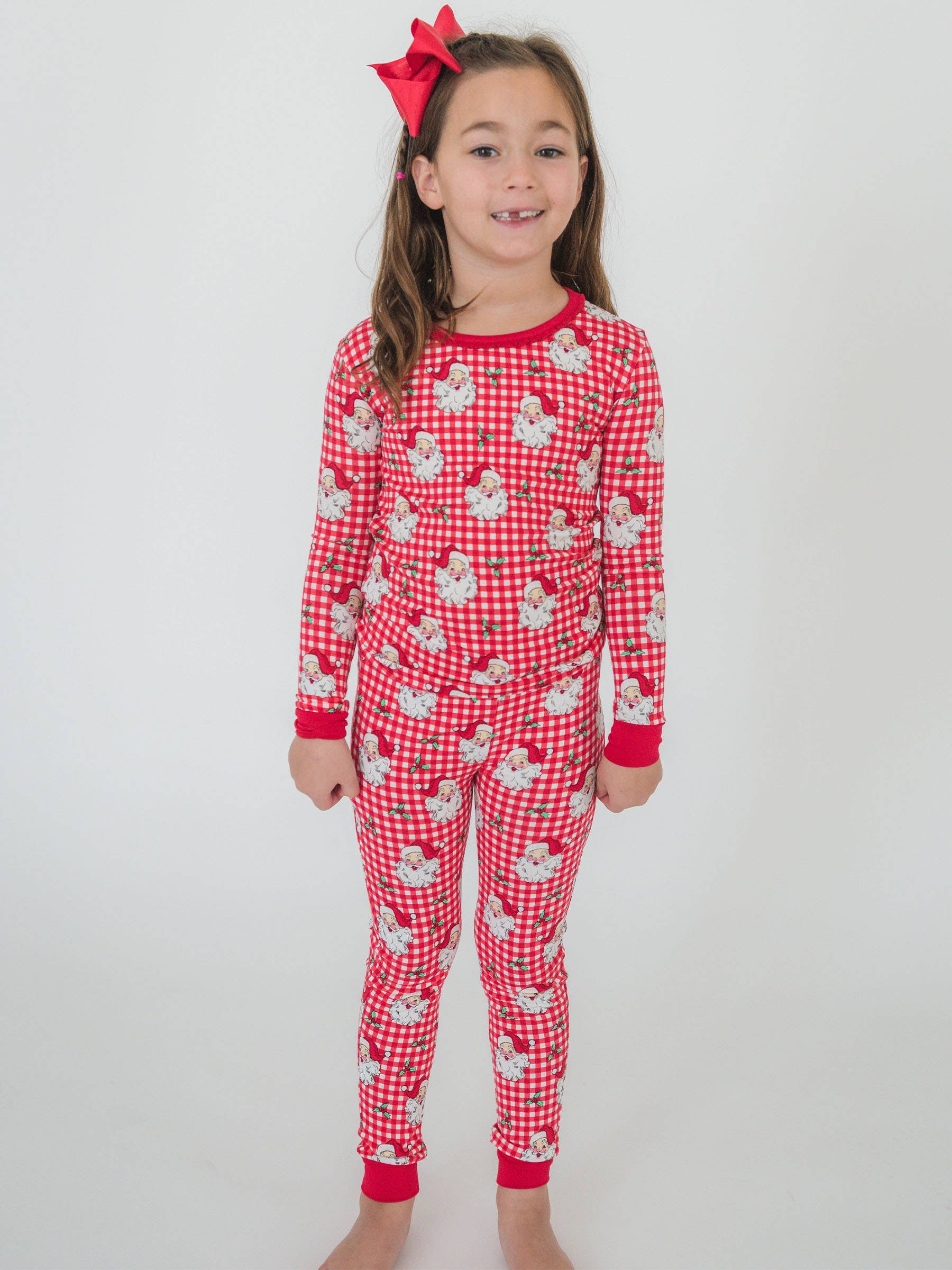 SoftSnooze™ Girls Bamboo Viscose Red Dear Santa Ruffle Long Sleeve Pajama Set for wholesale on Faire2