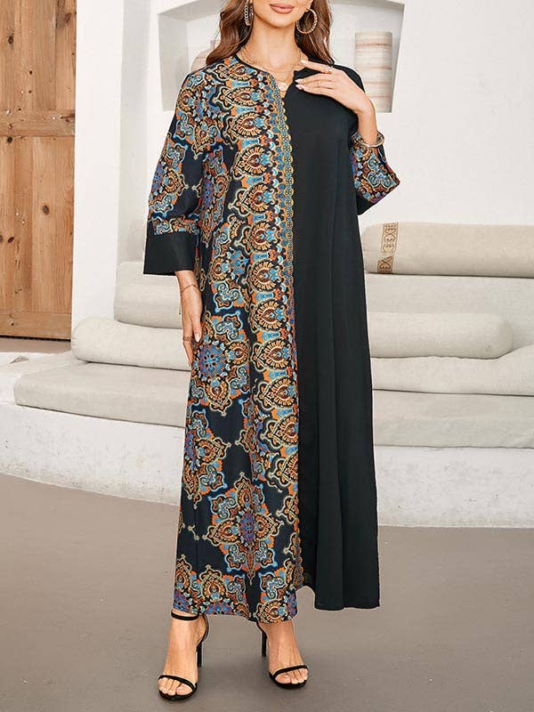 BLACK Loose Muslim Printed Midi Dresses for wholesale on Faire4