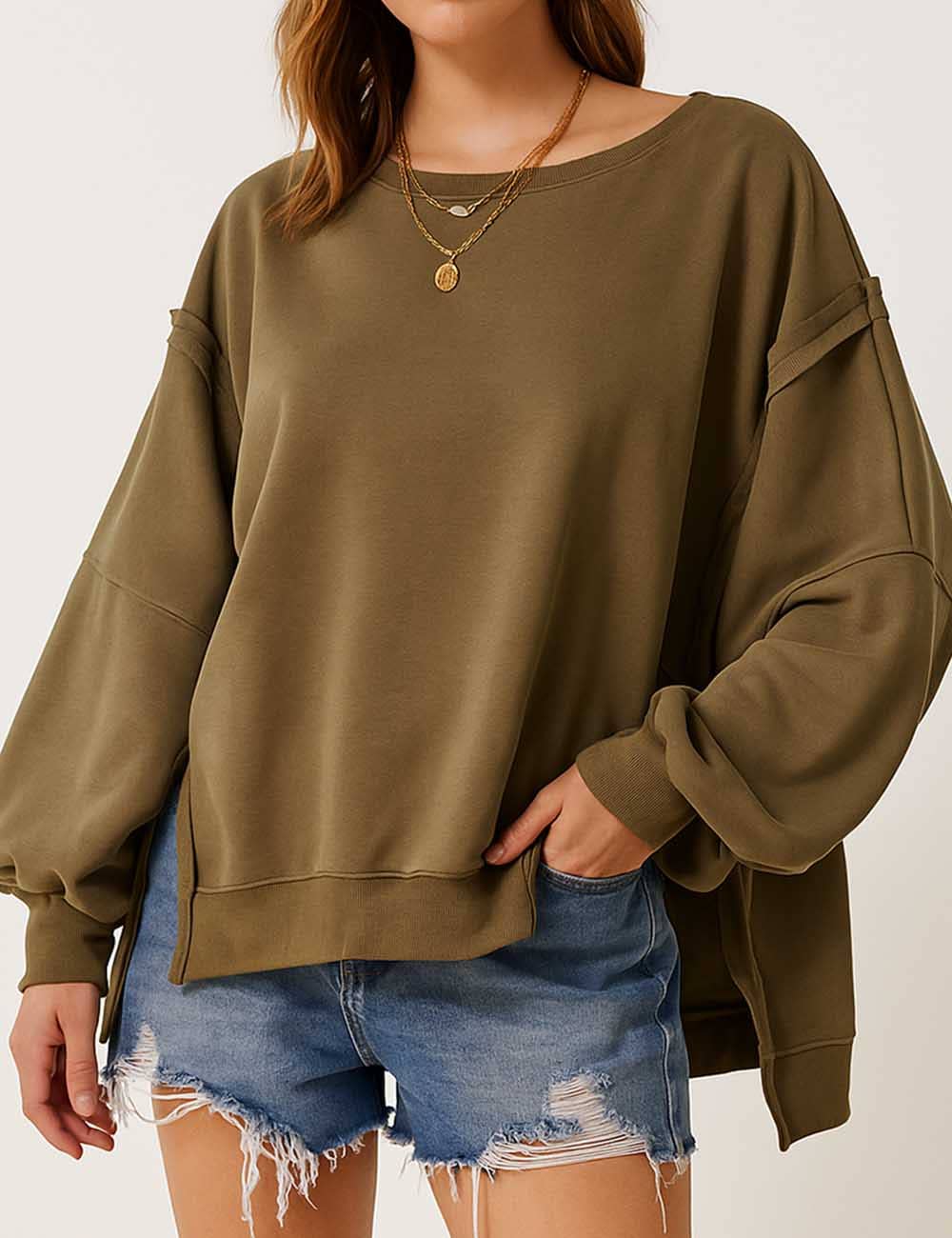 Sweetkama – wholesale Sweatshirt - Dam – Enfärgad oregelbunden Slouchy tröja för damer SKT3856
