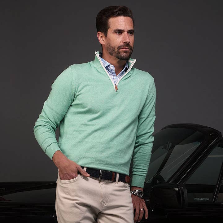 Collars & Co. - Wholesale Knit Sweater - Men's - Sea Green Luxury Touch Cotton Quarter Zip Sweater