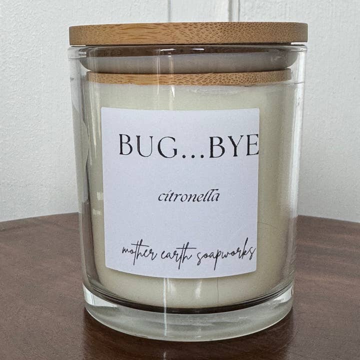 "BUG...BYE" Soy and Coconut Wax Wooden Wick Candle for wholesale by Mother Earth Soapworks