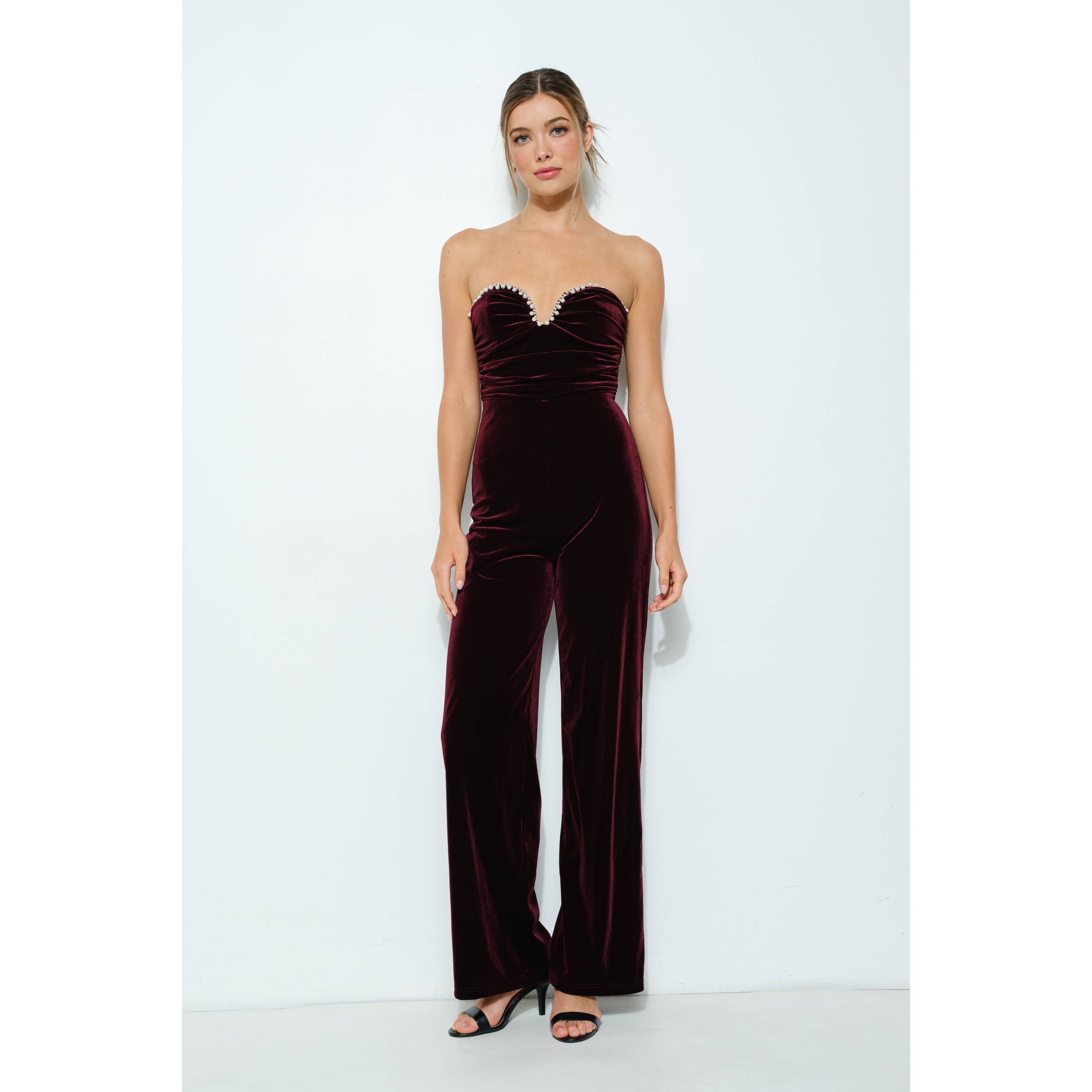 INA – wholesale Jumpsuit - Dam – Sweetheart Velvet Pearl Trim Axelbandslös Jumpsuit16