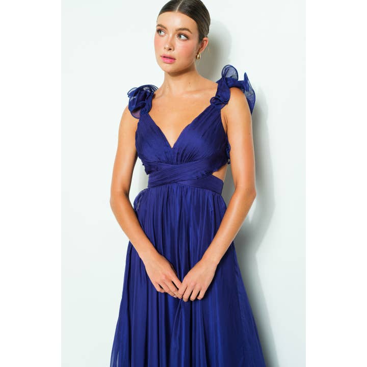 DEEP VIOLET Chiffon Ruffle Shoulder V Neck Maxi Dress for wholesale on Faire