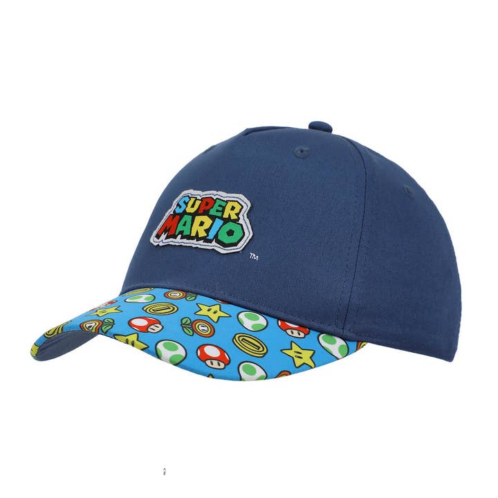 Super Mario Bros Logo & Power-Ups Youth Blue Traditional Adjustable Hat for wholesale by Bioworld Merchandising