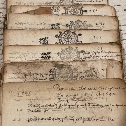Monahan Papers - Wholesale Decorative Tabletop Object - Original 1600s Stamped Antique French Script Document Pages