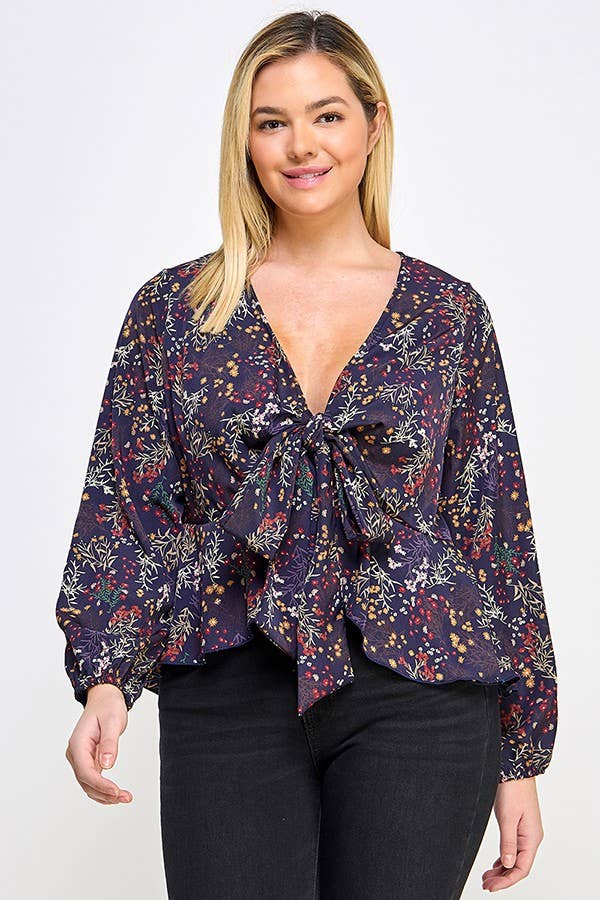 Haute Fox Plus Size & Contemporary - Wholesale Blouse - Dames - Top met strik aan de voorkant en bloemenprint in grote maten JK18498-T9