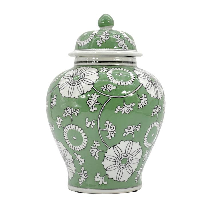 Galt International Company - Wholesale Decorative Jar - Green & White Ceramic Chinoiserie Jar 12"