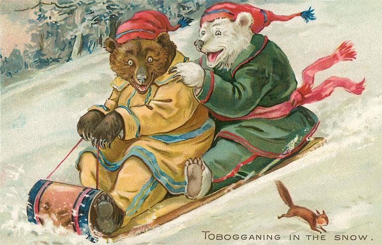 Found Image Press - Wholesale Magnet - Magnet AN-304 Fun Bears Tobogganing in Snow0