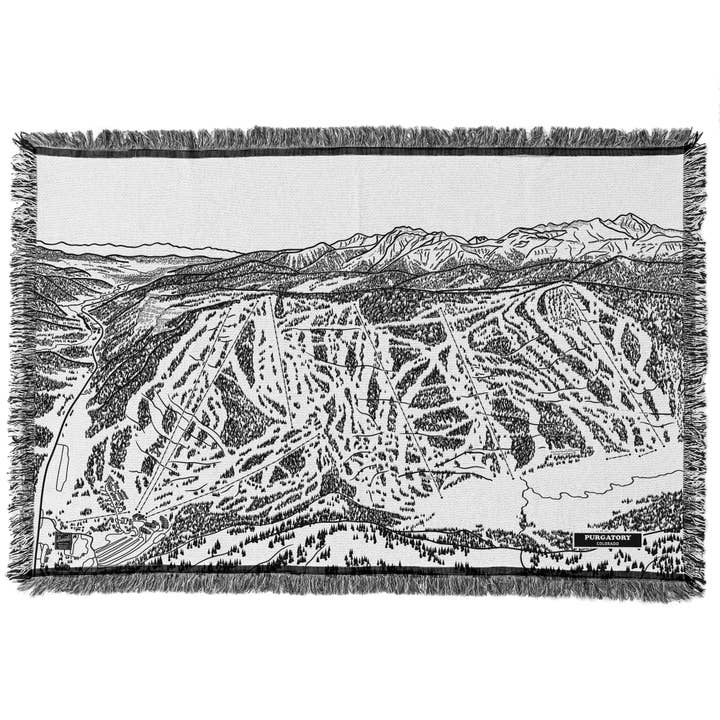 Coperta con mappa delle piste sciistiche di Purgatory, Colorado per la vendita all'ingrosso da parte di Benoit's Design Co.