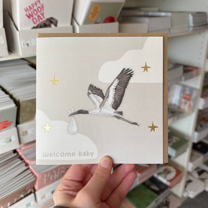 Stork New Baby Gold Foil card for wholesale by lil wabbit