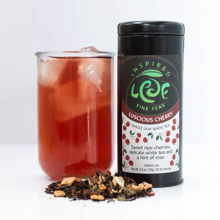 Luscious Cherry White Tea loose tin. Spring blend. for wholesale by Inspired Leaf Teas